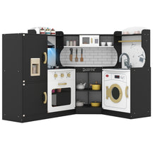 Hikidspace Corner Play Kitchen, Toddler Kitchen Playset with Range Hood, Ice Maker, Microwave, Oven, Sink, Washing Machine