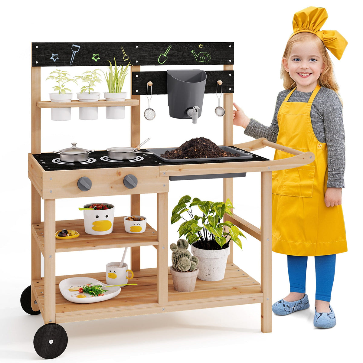 Mud Kitchen with Wheels, Outdoor Fir Wood Play Kitchen