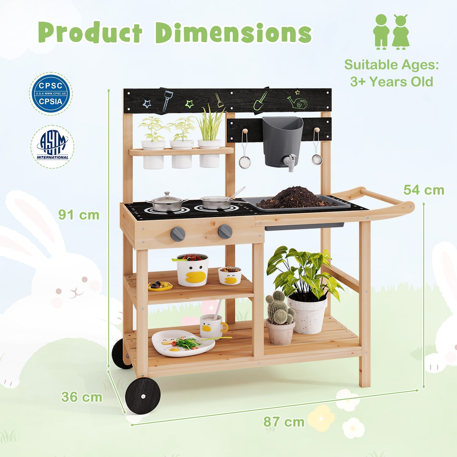Mud Kitchen with Wheels, Outdoor Fir Wood Play Kitchen