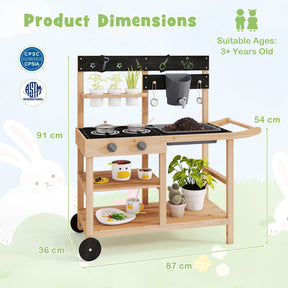 Mud Kitchen with Wheels, Outdoor Fir Wood Play Kitchen