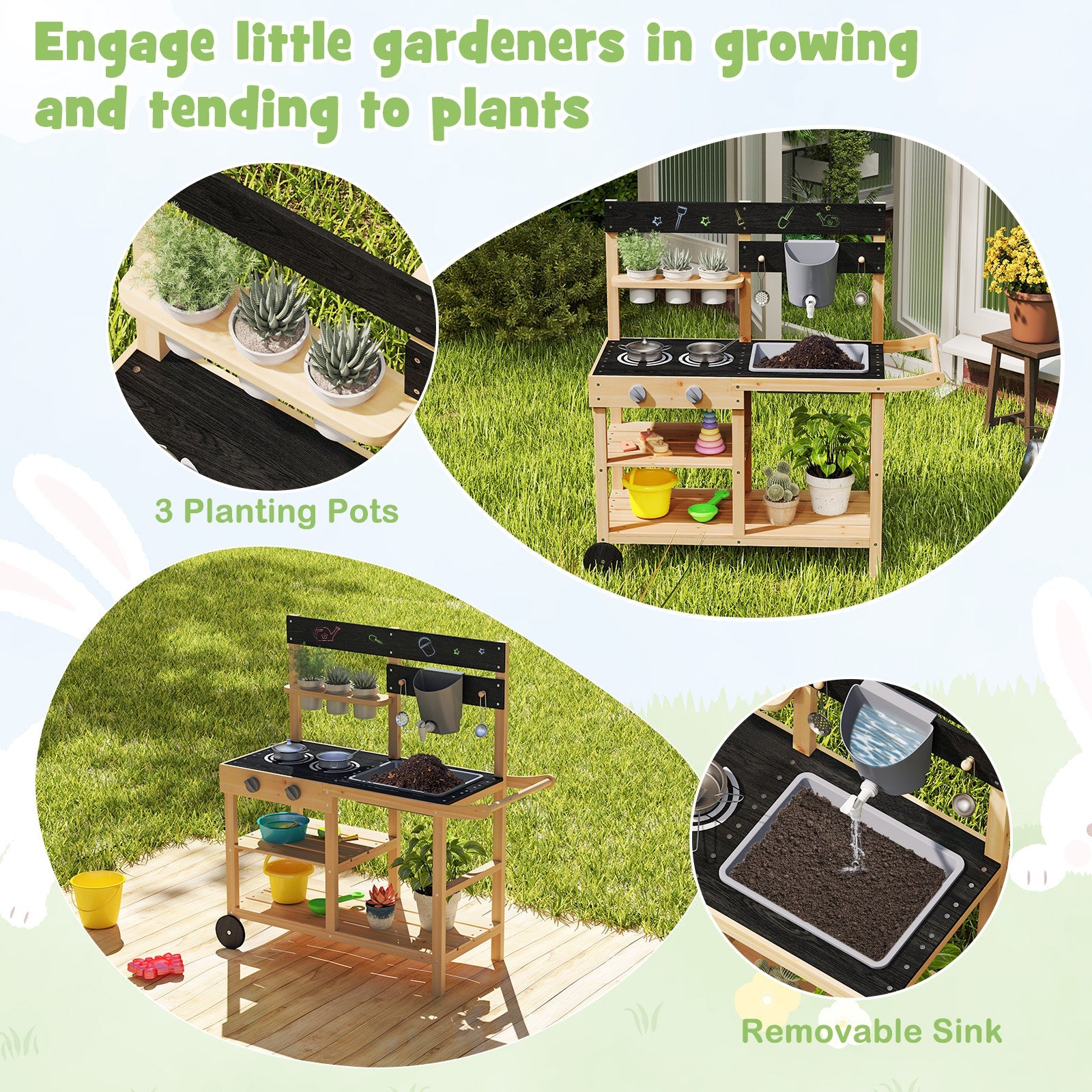 Mud Kitchen with Wheels, Outdoor Fir Wood Play Kitchen