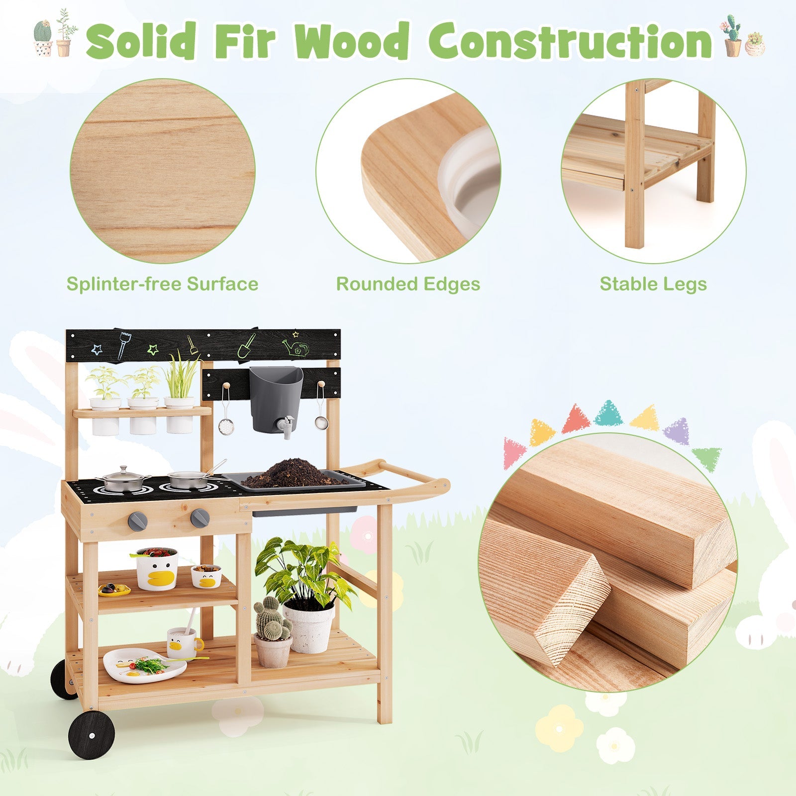 Mud Kitchen with Wheels, Outdoor Fir Wood Play Kitchen
