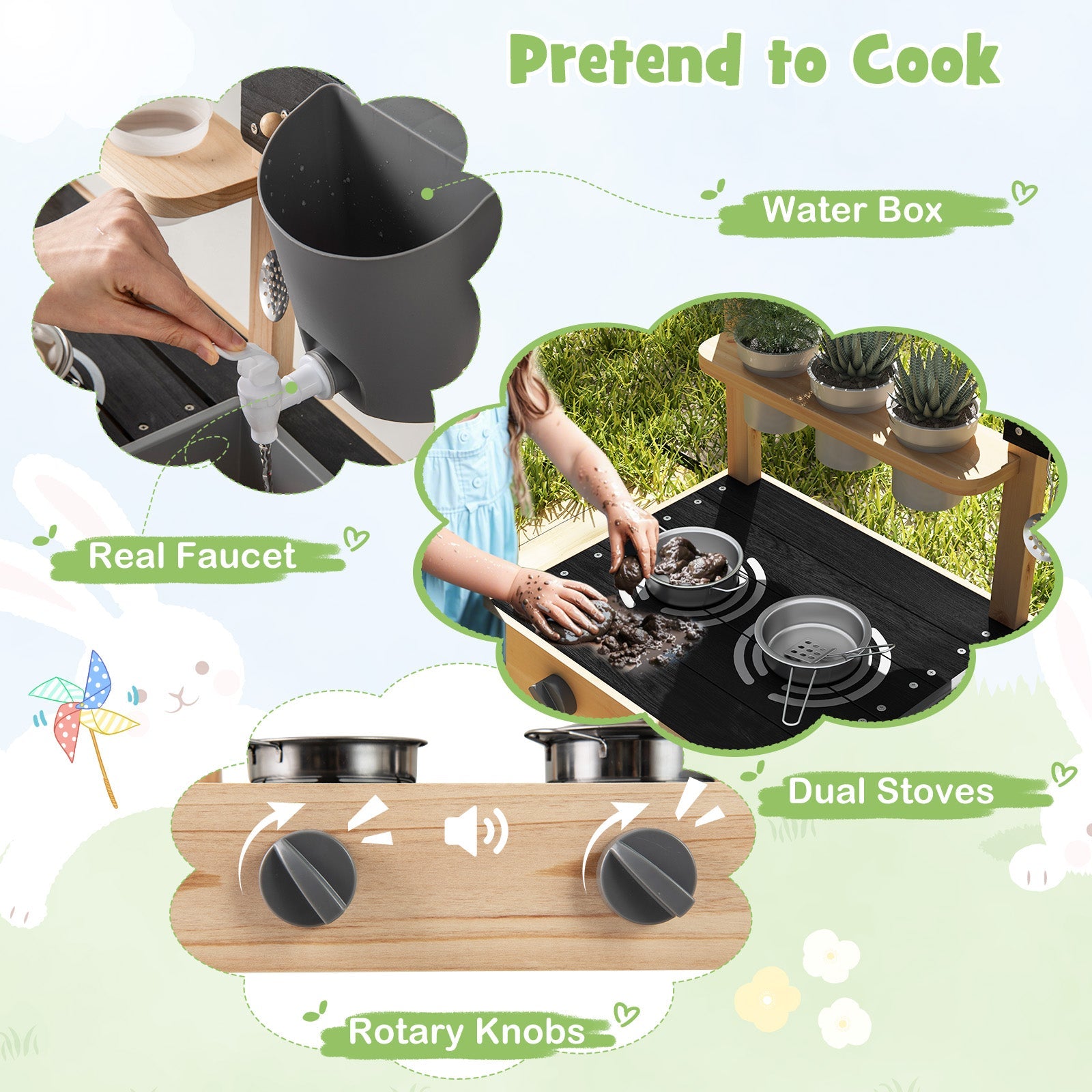 Mud Kitchen with Wheels, Outdoor Fir Wood Play Kitchen