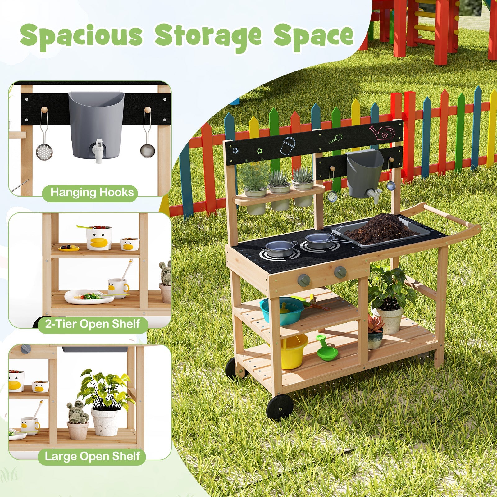 Mud Kitchen with Wheels, Outdoor Fir Wood Play Kitchen