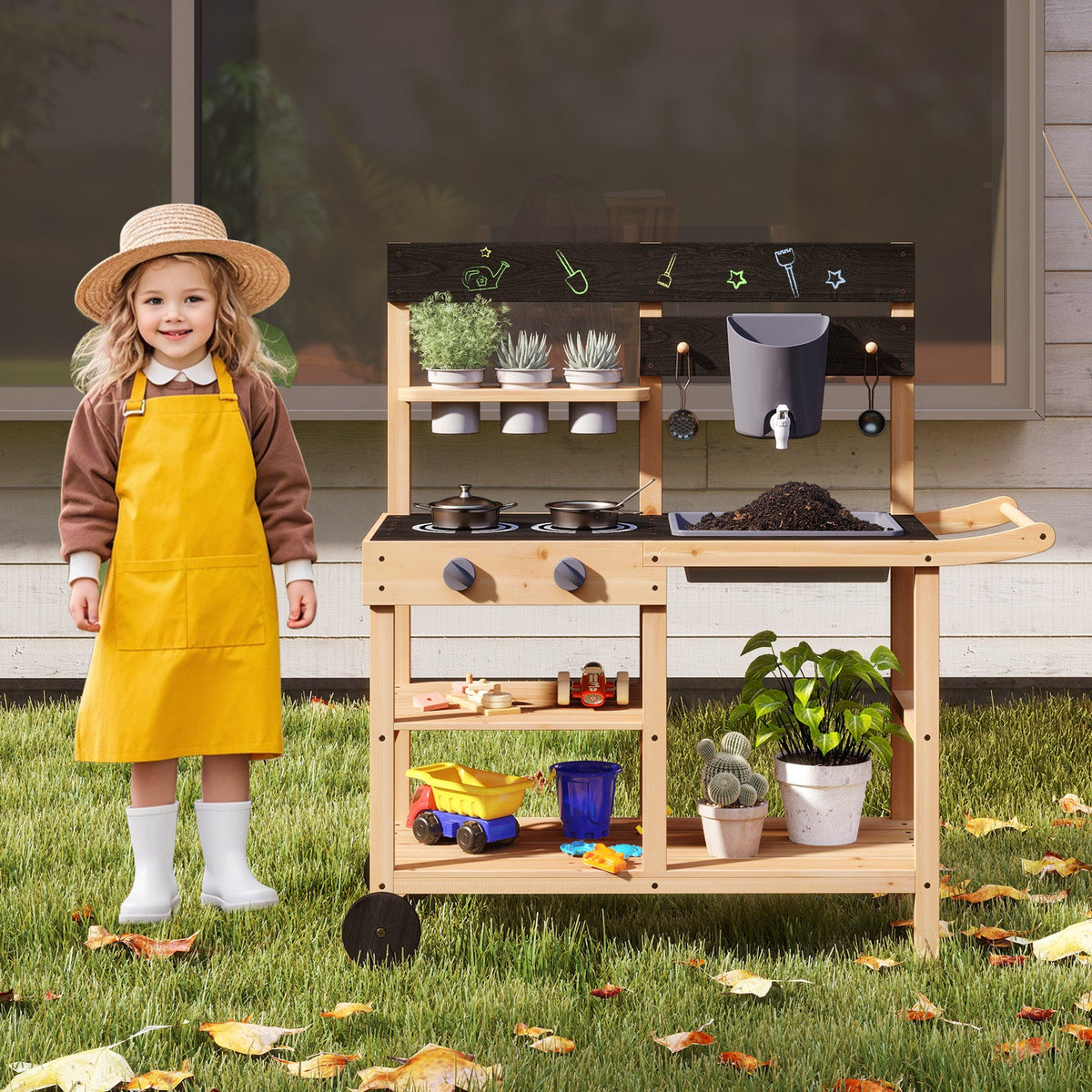 Mud Kitchen with Wheels, Outdoor Fir Wood Play Kitchen