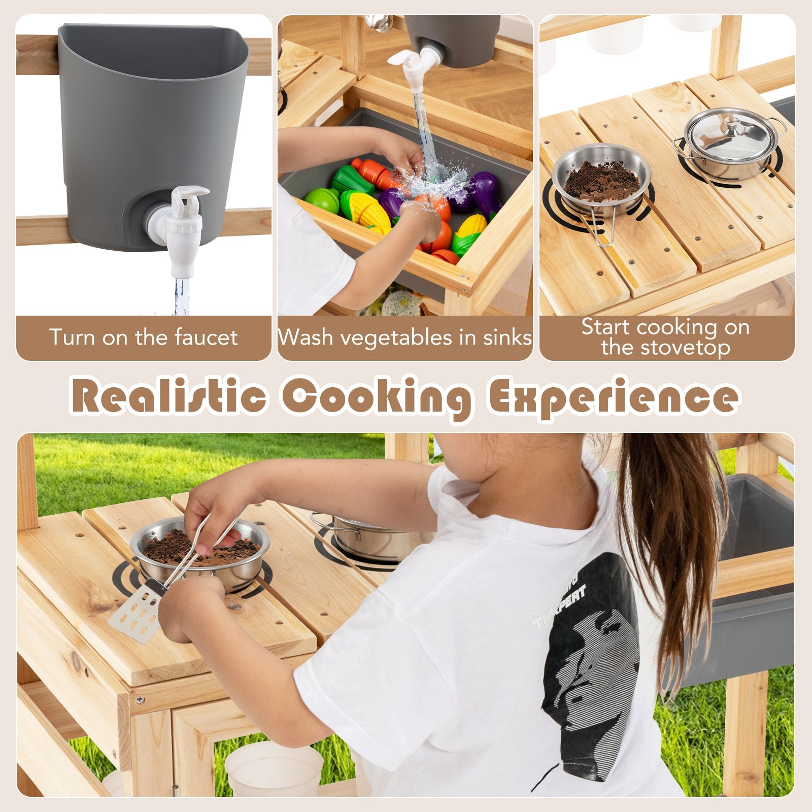 Mud Kitchen, Kids Pretend Play Kitchen Toy Set for Children 3+ Years Old