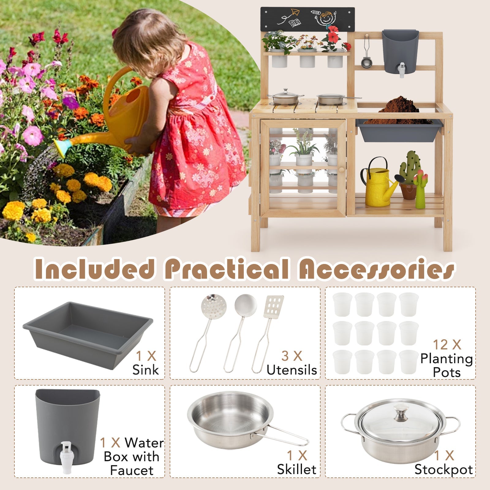 Mud Kitchen, Kids Pretend Play Kitchen Toy Set for Children 3+ Years Old