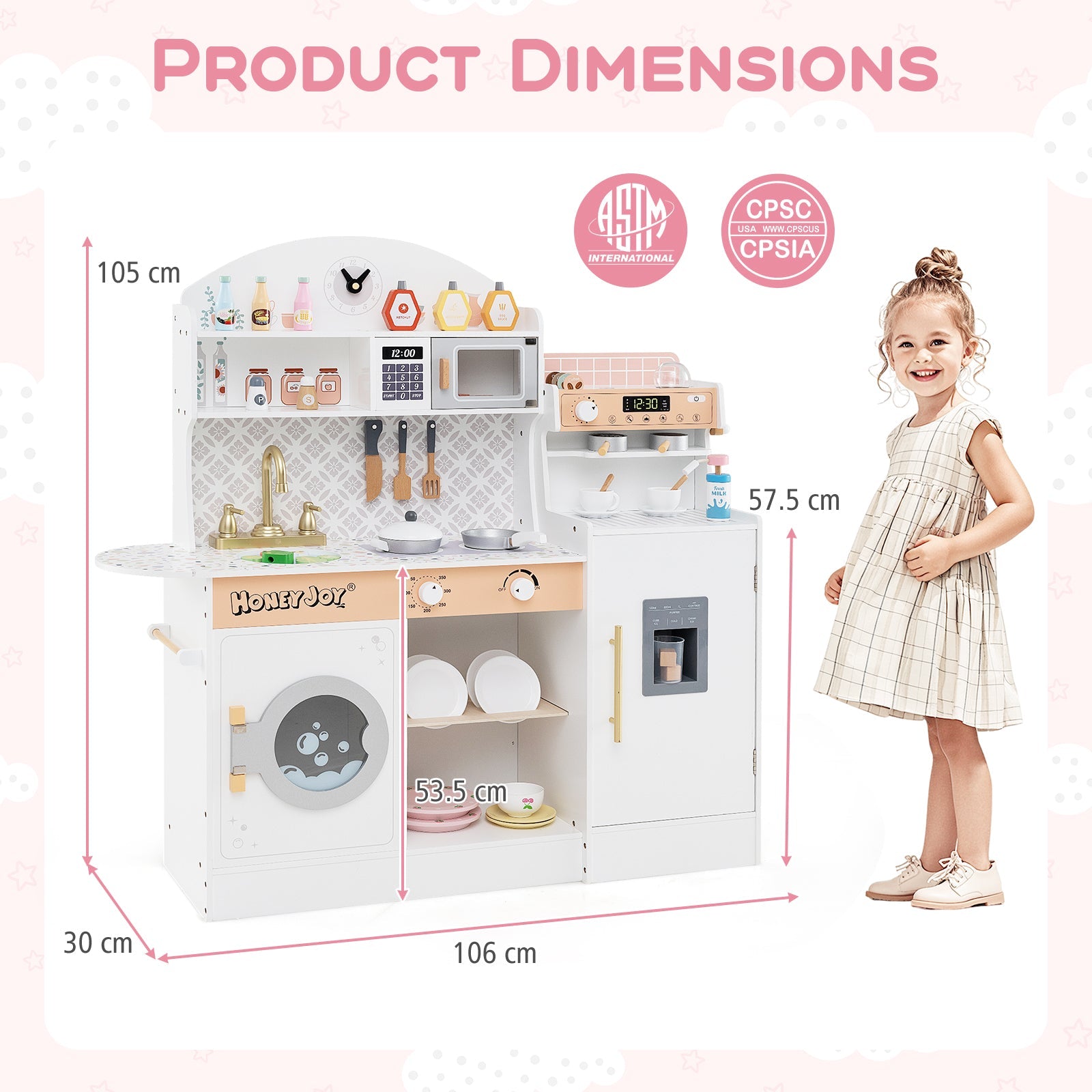 Kids Kitchen Playset, Wooden Pretend Play Kitchen w/Clock, Microwave, Sink, Dish Rack, Washing Machine, Ice & Coffee Makers