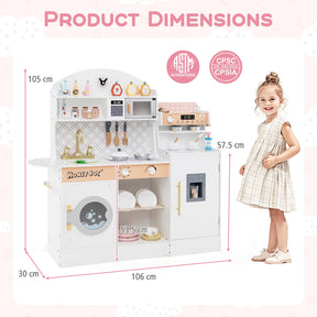 Kids Kitchen Playset, Wooden Pretend Play Kitchen w/Clock, Microwave, Sink, Dish Rack, Washing Machine, Ice & Coffee Makers
