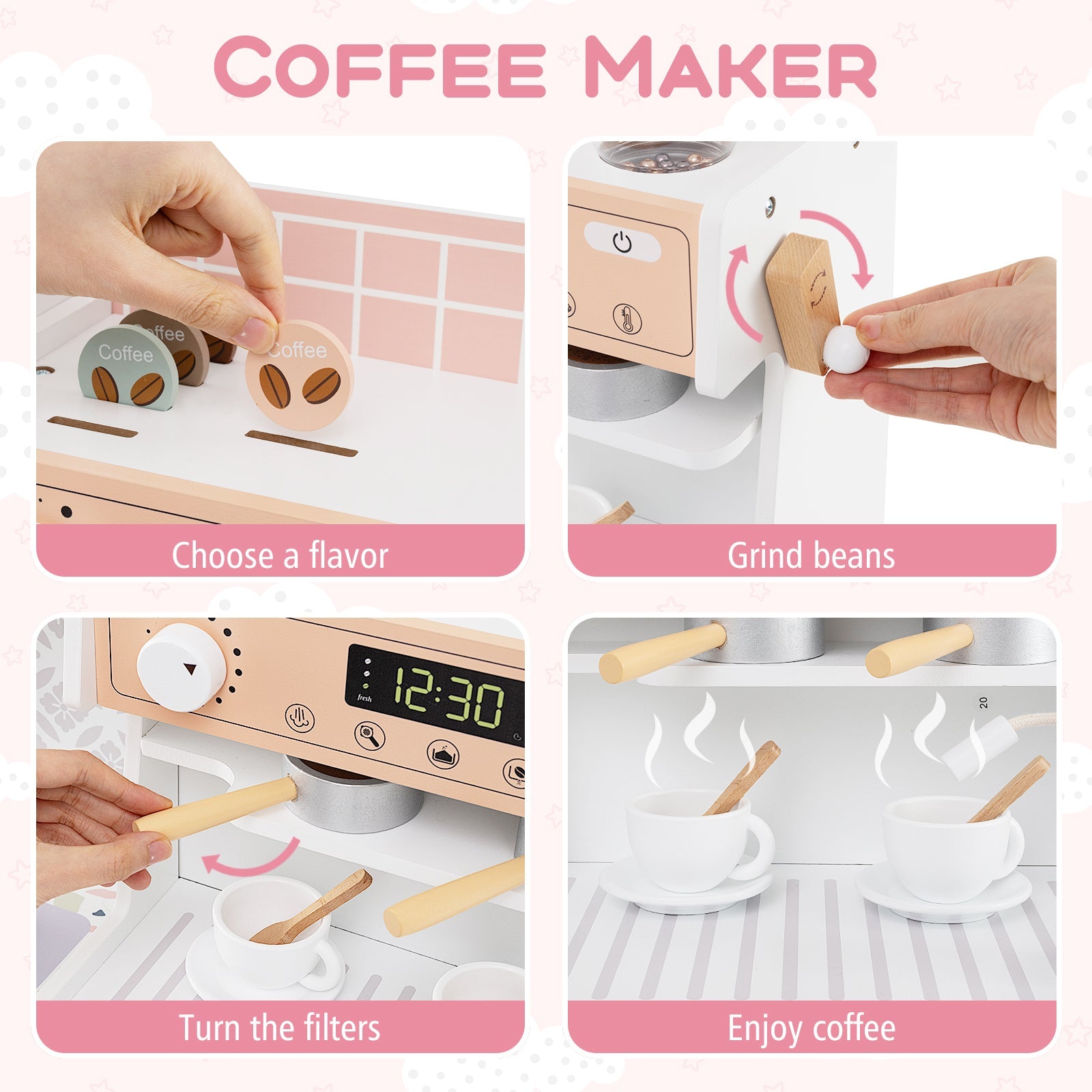 Kids Kitchen Playset, Wooden Pretend Play Kitchen w/Clock, Microwave, Sink, Dish Rack, Washing Machine, Ice & Coffee Makers