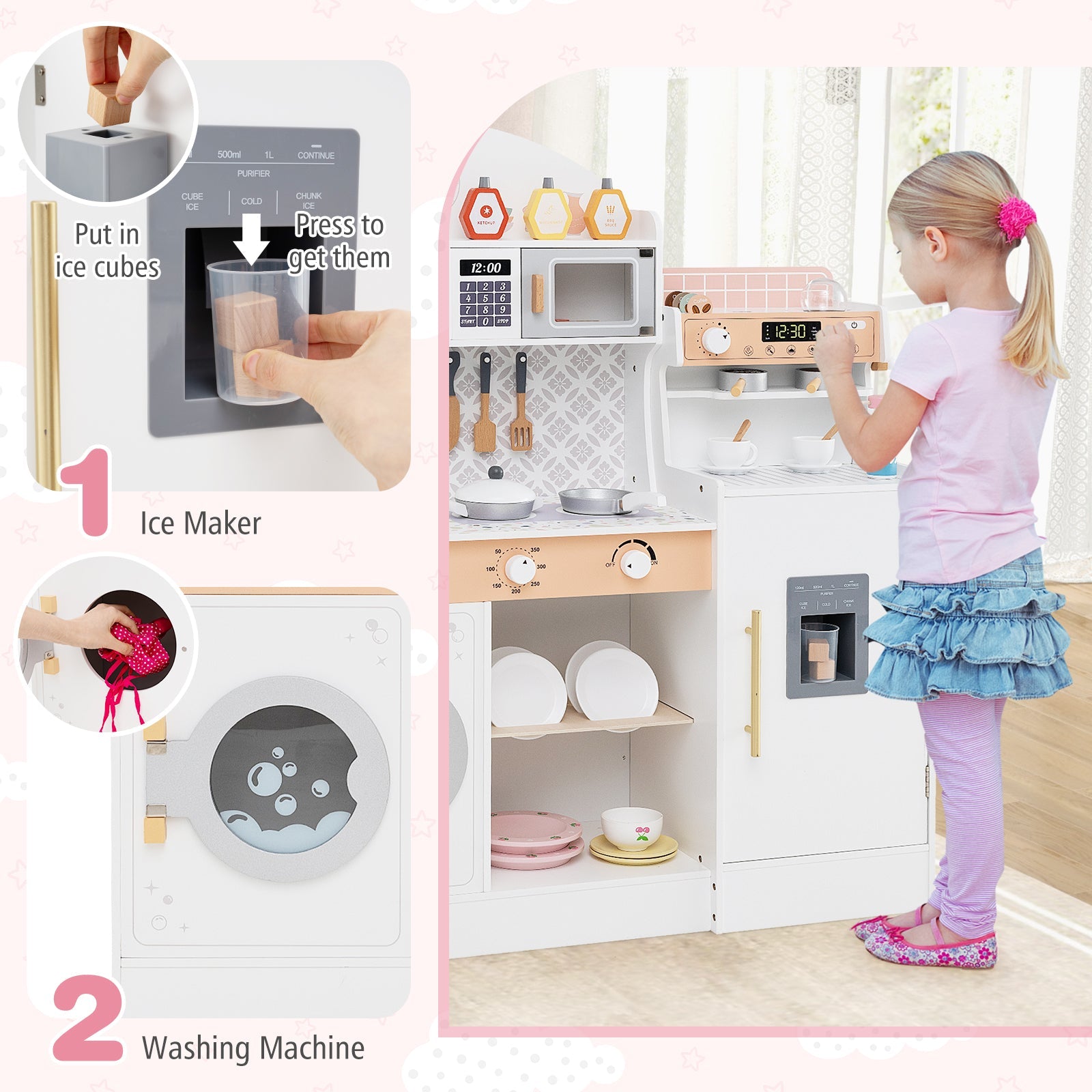 Kids Kitchen Playset, Wooden Pretend Play Kitchen w/Clock, Microwave, Sink, Dish Rack, Washing Machine, Ice & Coffee Makers