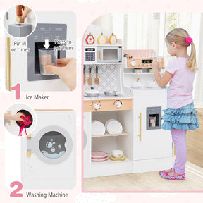 Kids Kitchen Playset, Wooden Pretend Play Kitchen w/Clock, Microwave, Sink, Dish Rack, Washing Machine, Ice & Coffee Makers