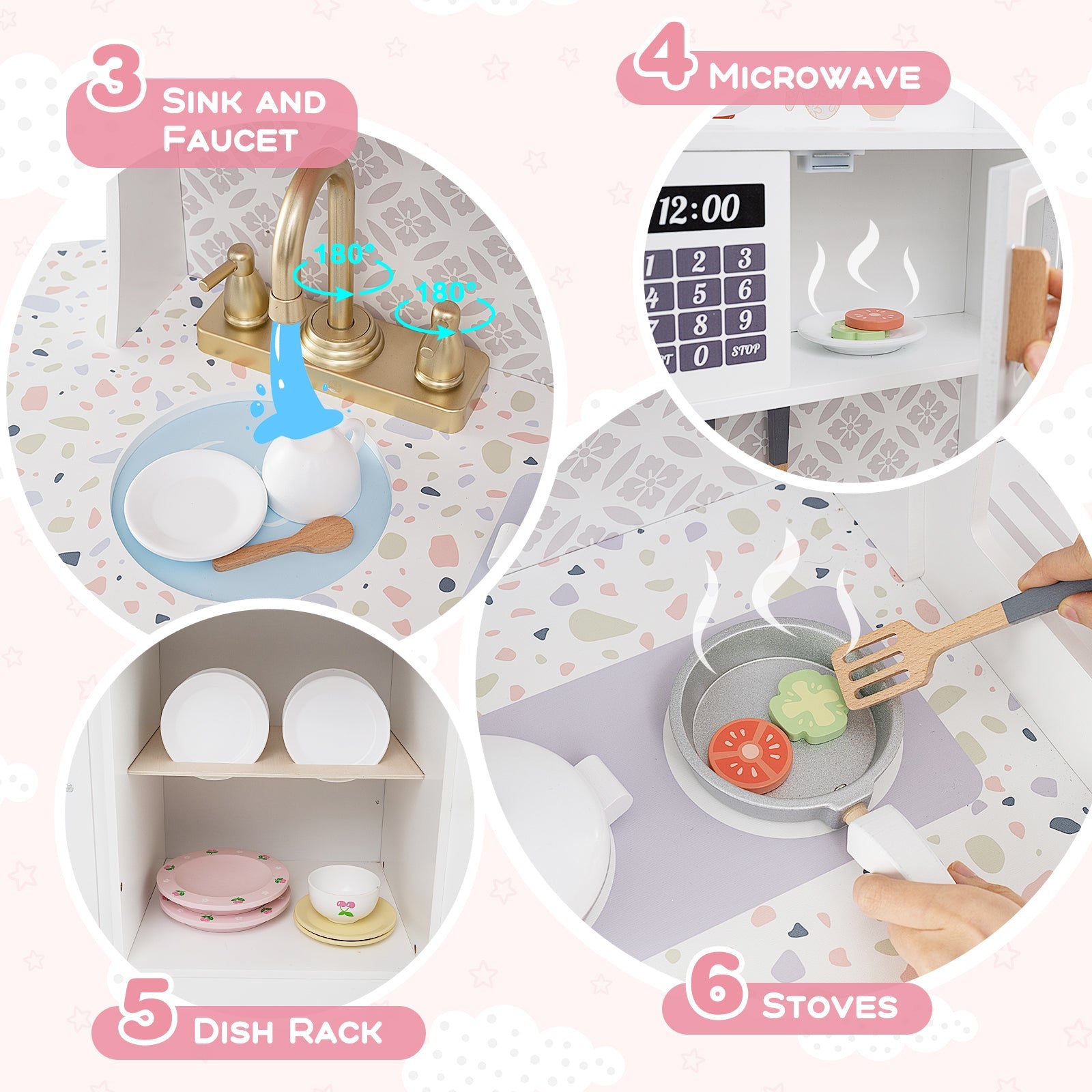 Kids Kitchen Playset, Wooden Pretend Play Kitchen w/Clock, Microwave, Sink, Dish Rack, Washing Machine, Ice & Coffee Makers