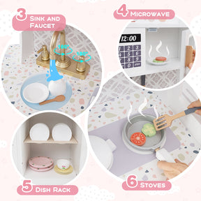 Kids Kitchen Playset, Wooden Pretend Play Kitchen w/Clock, Microwave, Sink, Dish Rack, Washing Machine, Ice & Coffee Makers