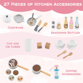 Kids Kitchen Playset, Wooden Pretend Play Kitchen w/Clock, Microwave, Sink, Dish Rack, Washing Machine, Ice & Coffee Makers