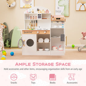 Kids Kitchen Playset, Wooden Pretend Play Kitchen w/Clock, Microwave, Sink, Dish Rack, Washing Machine, Ice & Coffee Makers