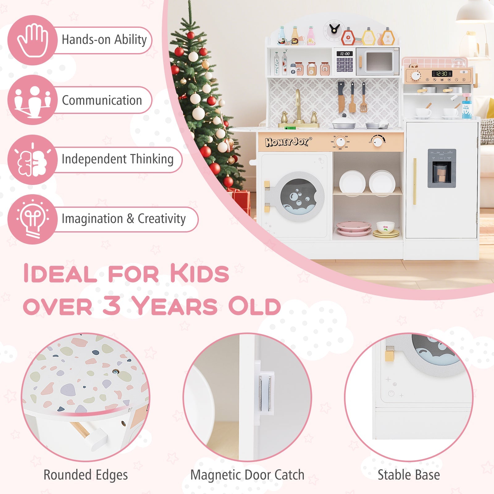 Kids Kitchen Playset, Wooden Pretend Play Kitchen w/Clock, Microwave, Sink, Dish Rack, Washing Machine, Ice & Coffee Makers