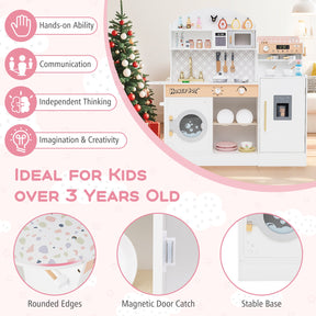 Kids Kitchen Playset, Wooden Pretend Play Kitchen w/Clock, Microwave, Sink, Dish Rack, Washing Machine, Ice & Coffee Makers