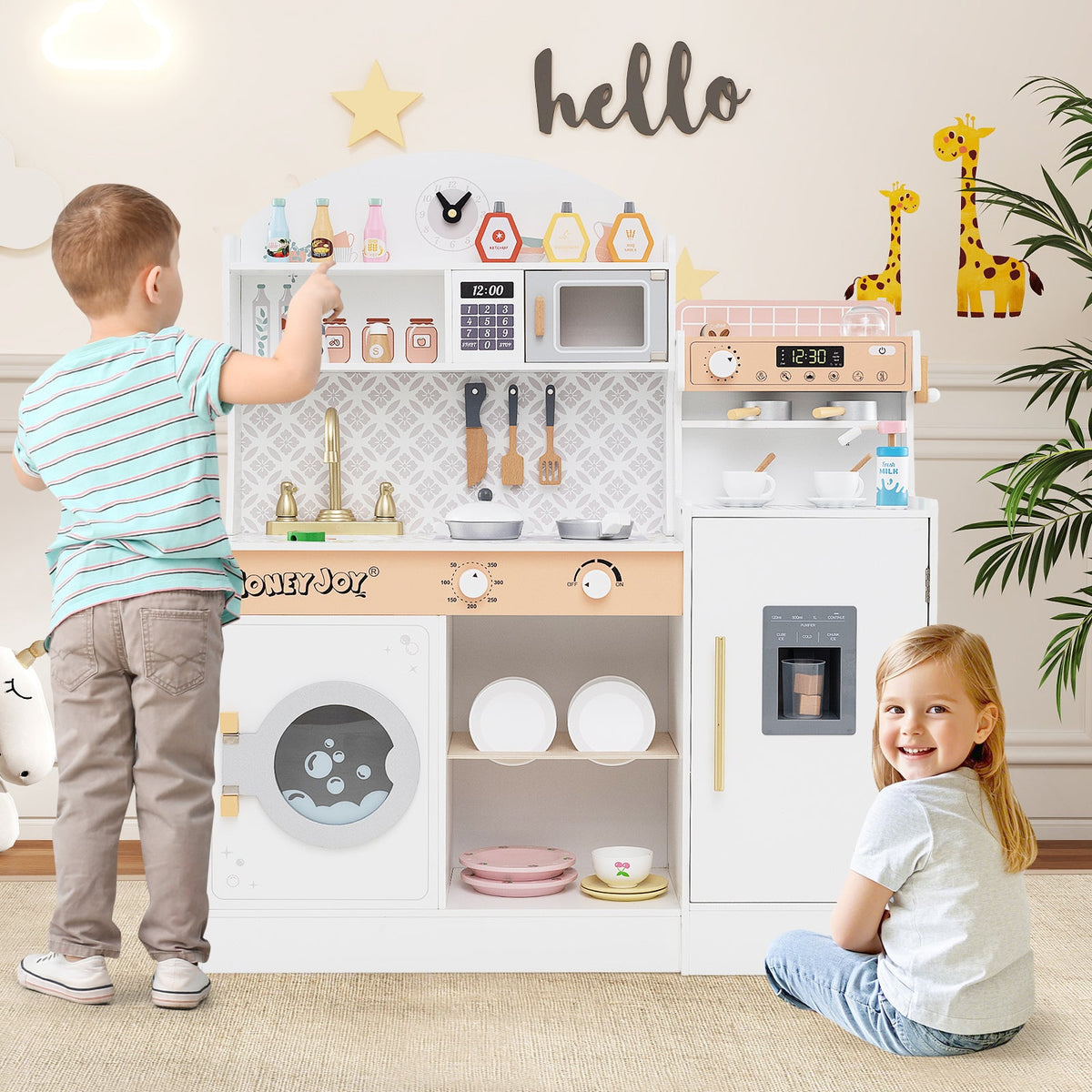Kids Kitchen Playset, Wooden Pretend Play Kitchen w/Clock, Microwave, Sink, Dish Rack, Washing Machine, Ice & Coffee Makers