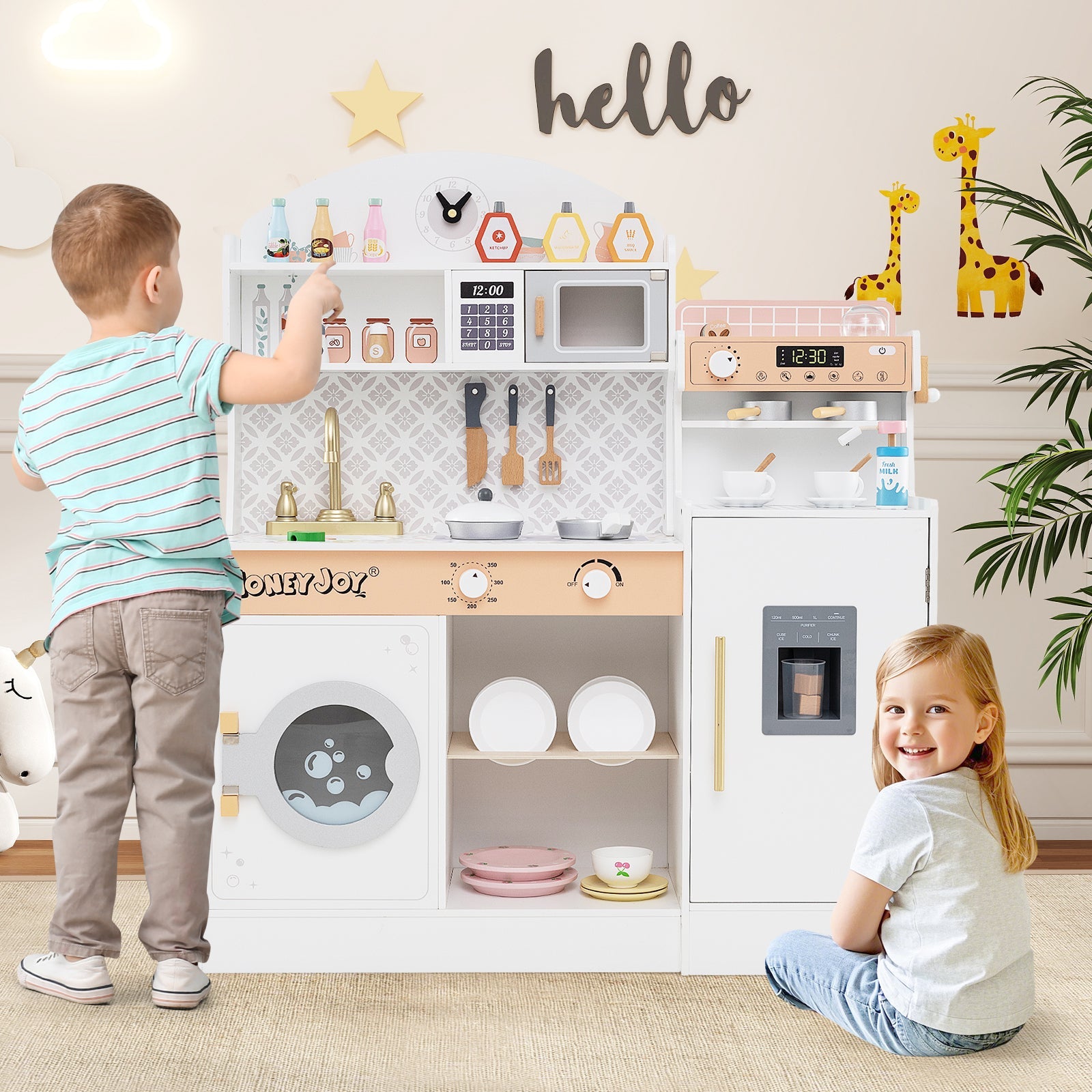Kids Kitchen Playset, Wooden Pretend Play Kitchen w/Clock, Microwave, Sink, Dish Rack, Washing Machine, Ice & Coffee Makers