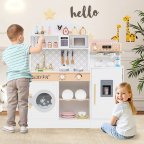 Kids Kitchen Playset, Wooden Pretend Play Kitchen w/Clock, Microwave, Sink, Dish Rack, Washing Machine, Ice & Coffee Makers