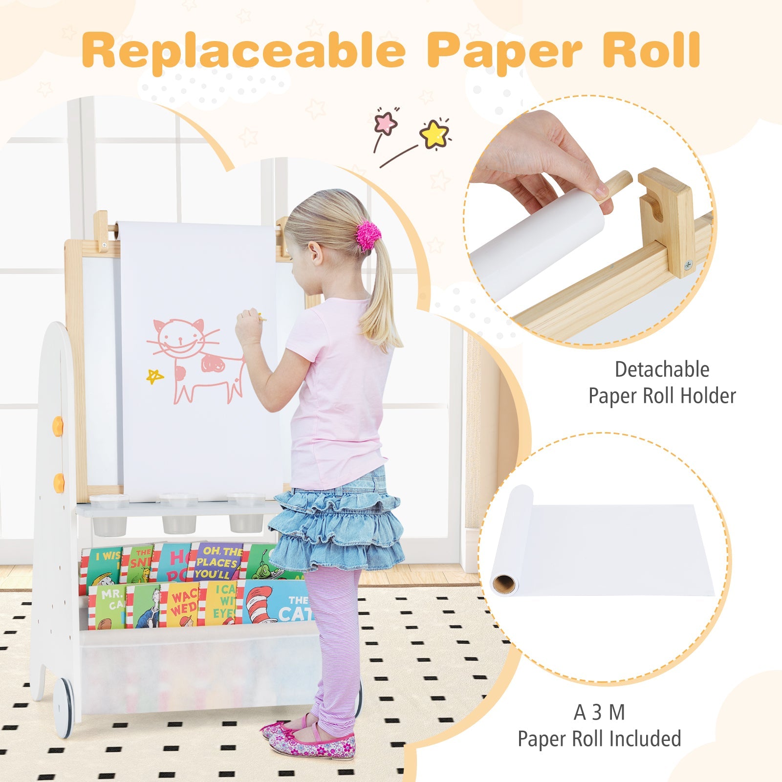 Height Adjustable Kids Art Easel with Stool, 4-in-1 Toddler Activity Table Set with Magnetic Whiteboard, Chalk Board, Bookshelves