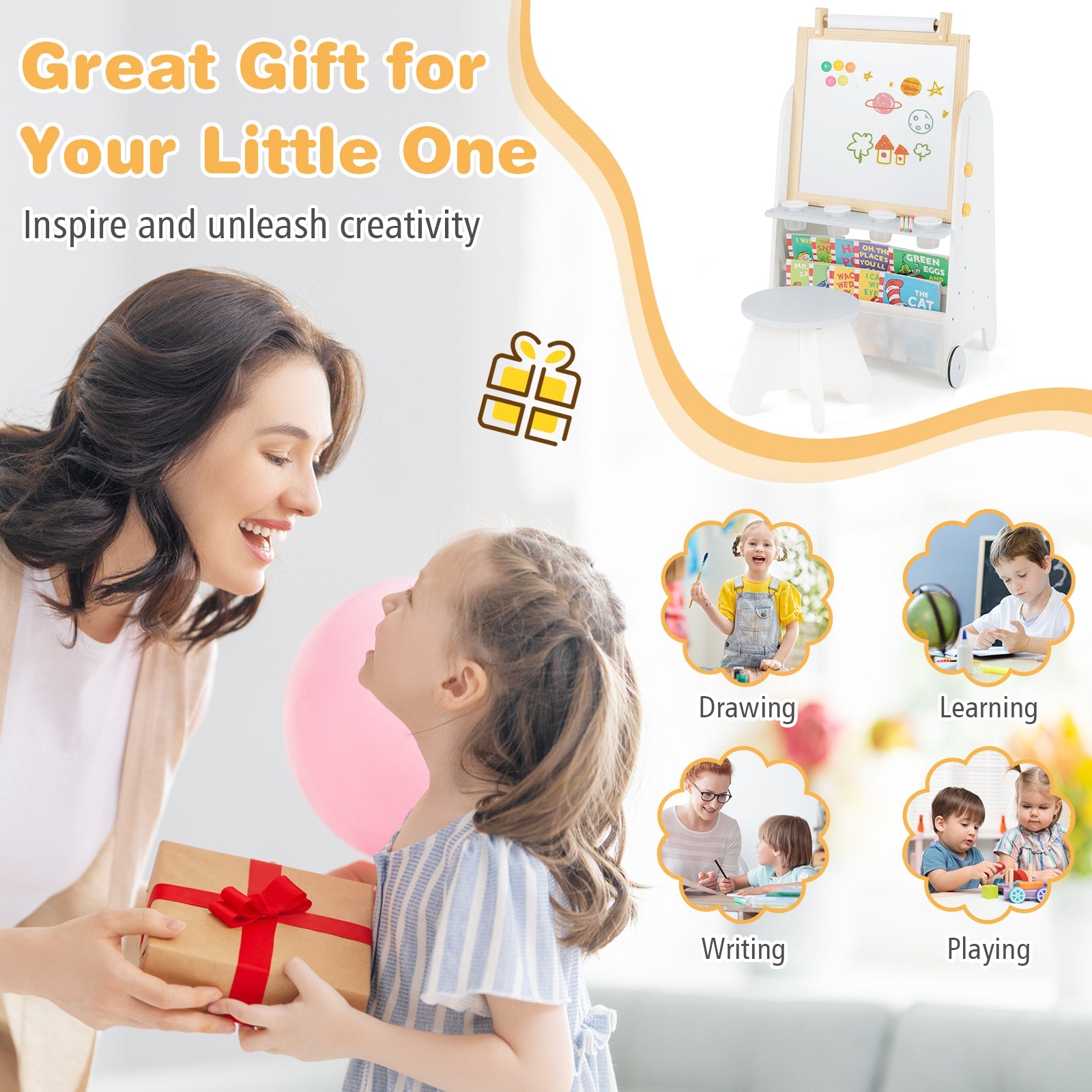 Height Adjustable Kids Art Easel with Stool, 4-in-1 Toddler Activity Table Set with Magnetic Whiteboard, Chalk Board, Bookshelves