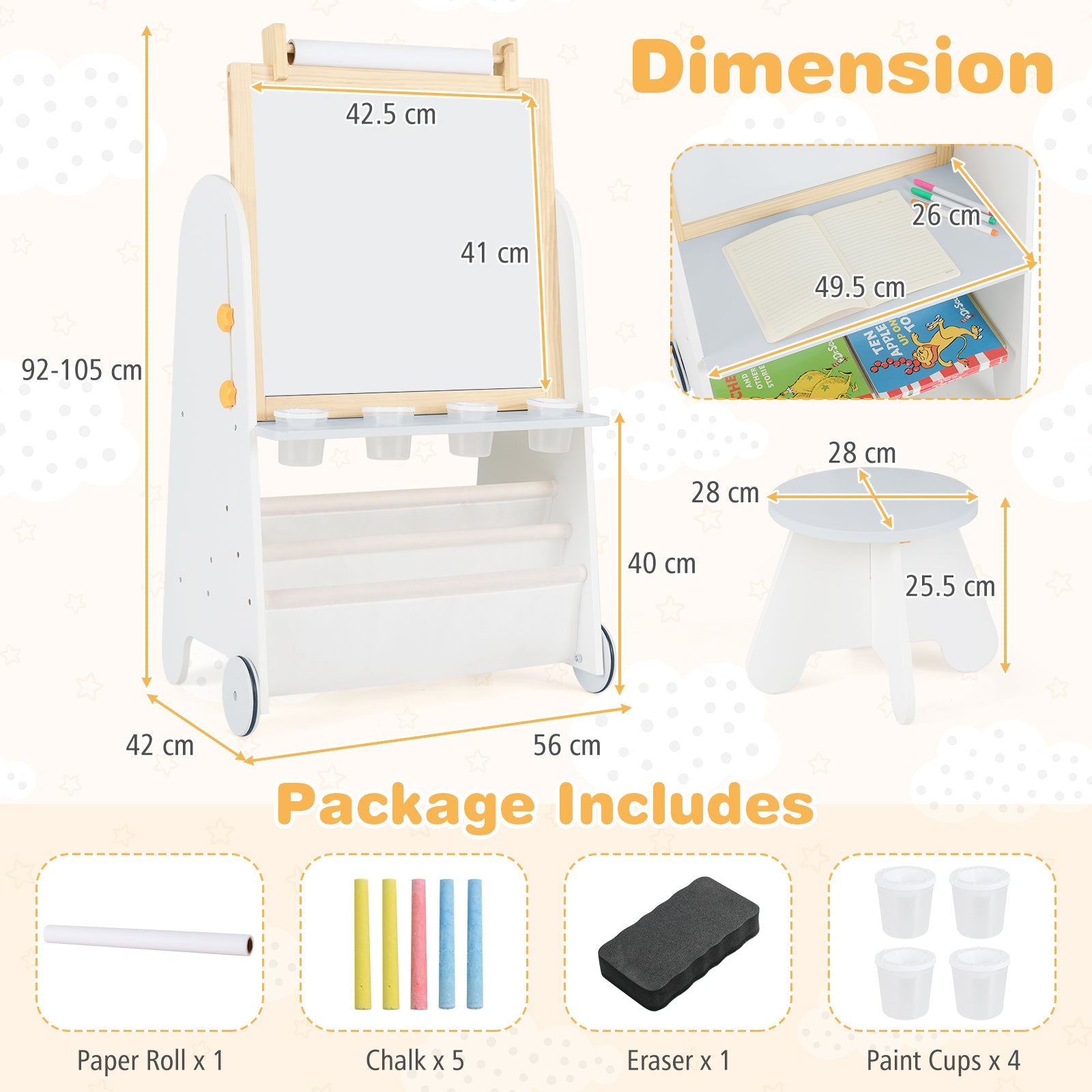 Height Adjustable Kids Art Easel with Stool, 4-in-1 Toddler Activity Table Set with Magnetic Whiteboard, Chalk Board, Bookshelves