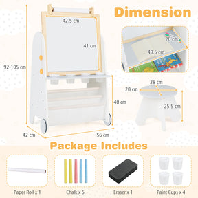 Height Adjustable Kids Art Easel with Stool, 4-in-1 Toddler Activity Table Set with Magnetic Whiteboard, Chalk Board, Bookshelves