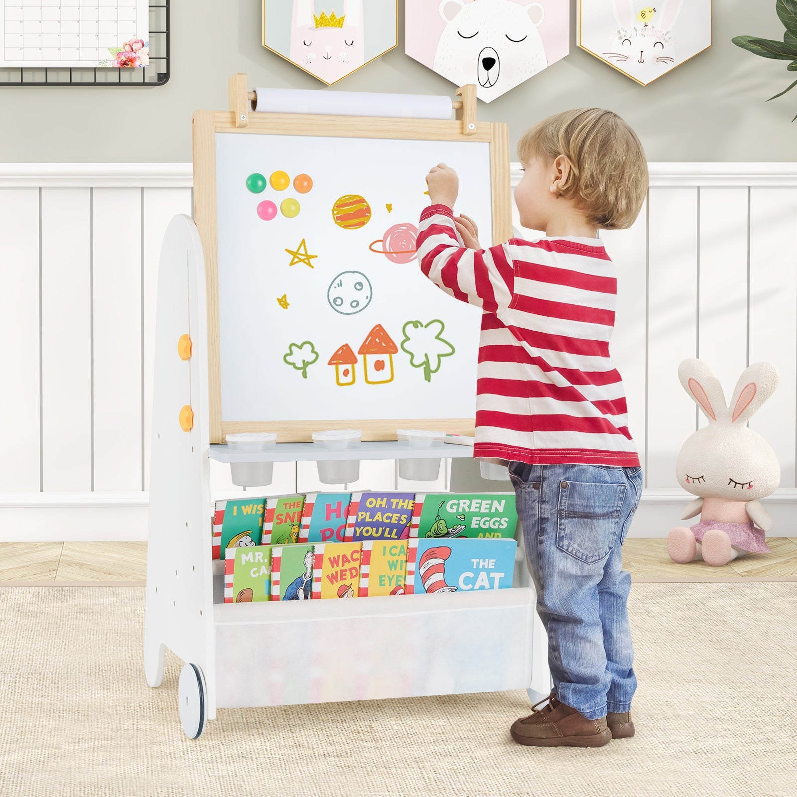 Height Adjustable Kids Art Easel with Stool, 4-in-1 Toddler Activity Table Set with Magnetic Whiteboard, Chalk Board, Bookshelves