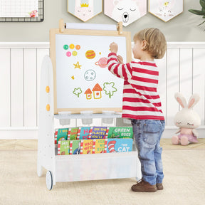 Height Adjustable Kids Art Easel with Stool, 4-in-1 Toddler Activity Table Set with Magnetic Whiteboard, Chalk Board, Bookshelves