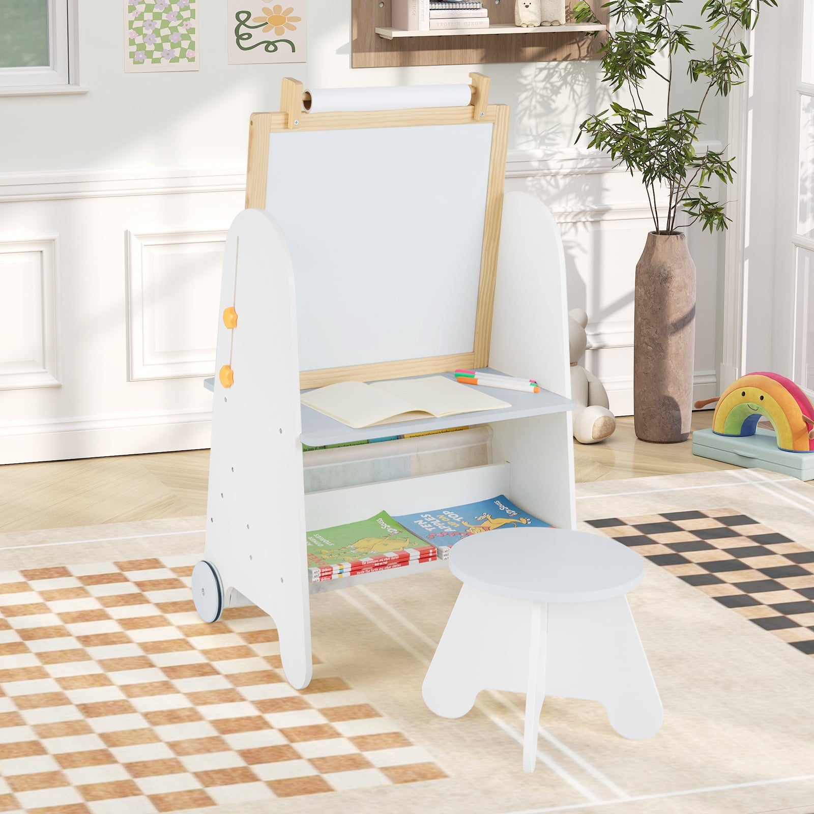 Height Adjustable Kids Art Easel with Stool, 4-in-1 Toddler Activity Table Set with Magnetic Whiteboard, Chalk Board, Bookshelves