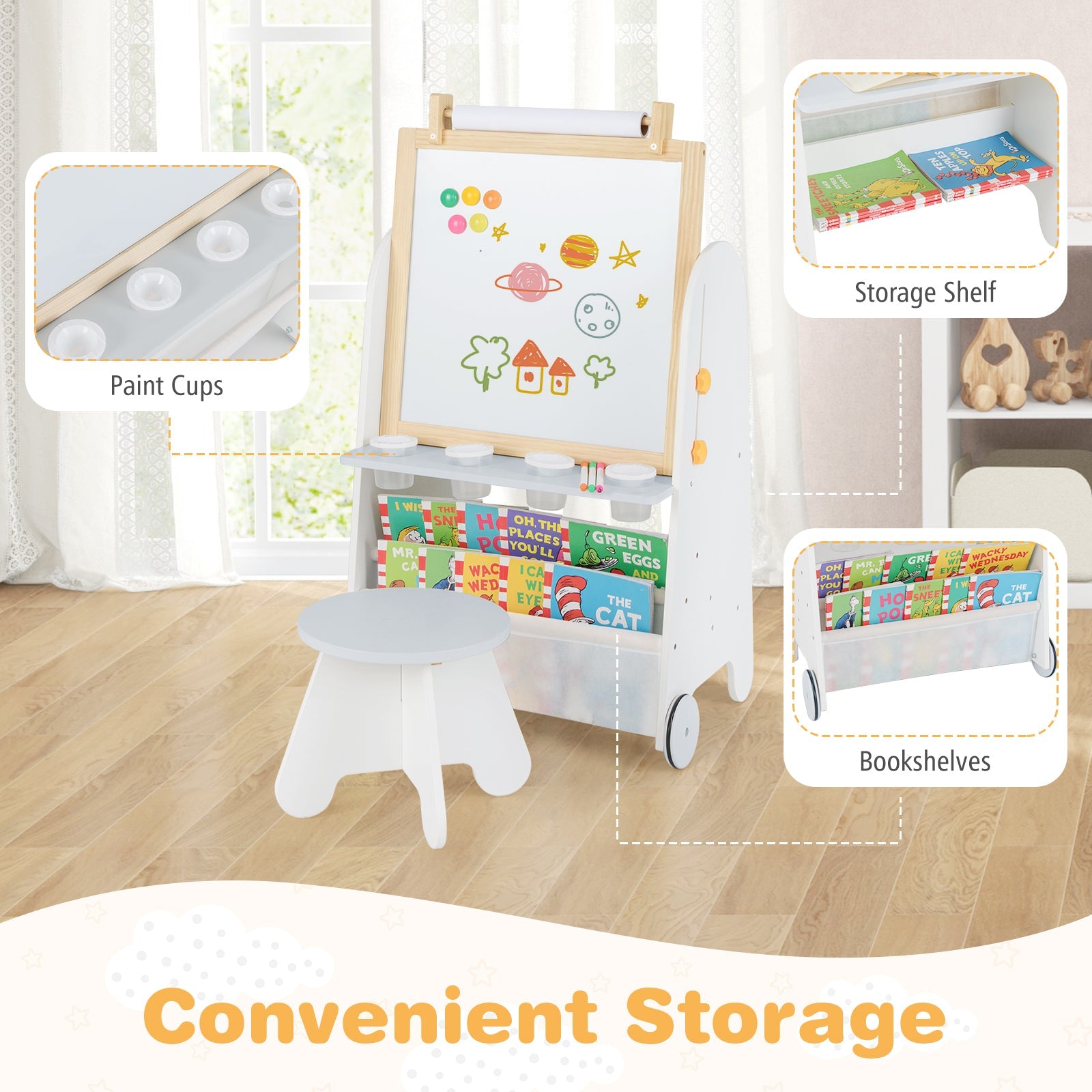 Height Adjustable Kids Art Easel with Stool, 4-in-1 Toddler Activity Table Set with Magnetic Whiteboard, Chalk Board, Bookshelves