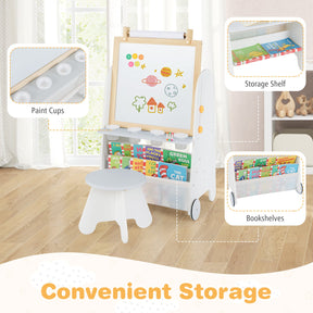 Height Adjustable Kids Art Easel with Stool, 4-in-1 Toddler Activity Table Set with Magnetic Whiteboard, Chalk Board, Bookshelves
