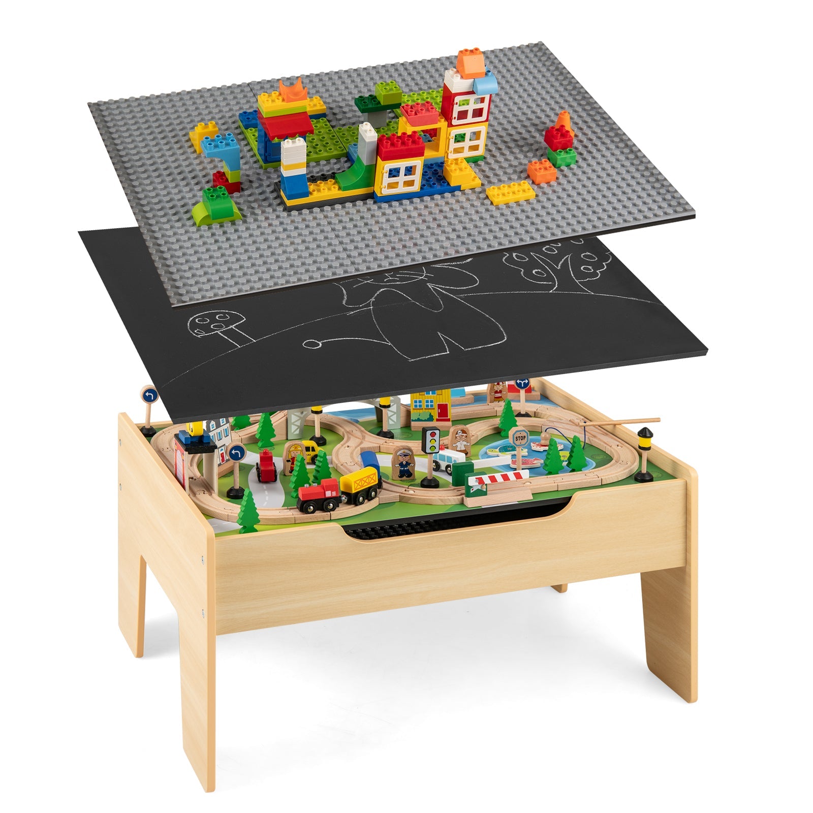 All-in-One Kids Activity Table, Wooden Construction Play Table with Reversible Blackboard & Map Tabletop