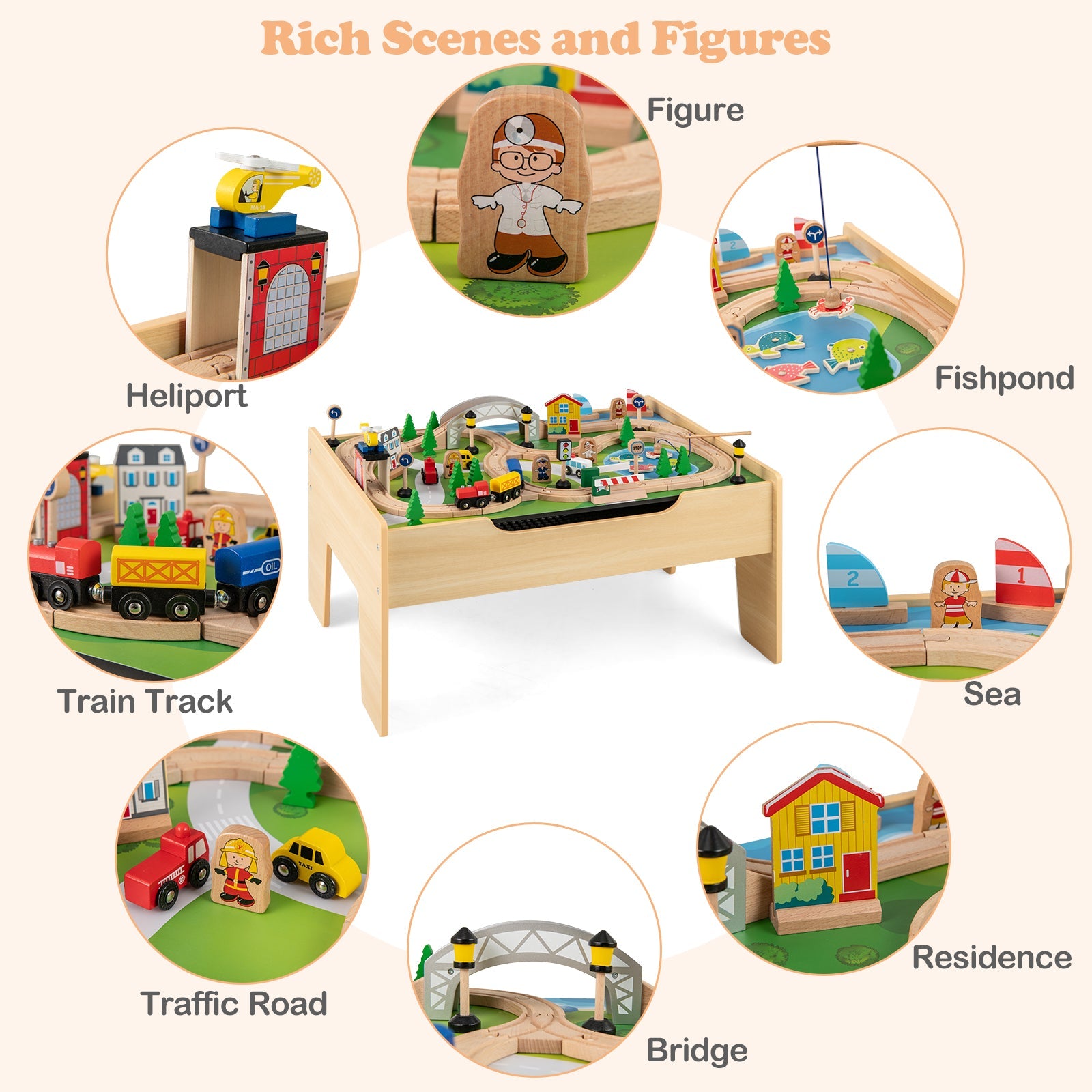 All-in-One Kids Activity Table, Wooden Construction Play Table with Reversible Blackboard & Map Tabletop