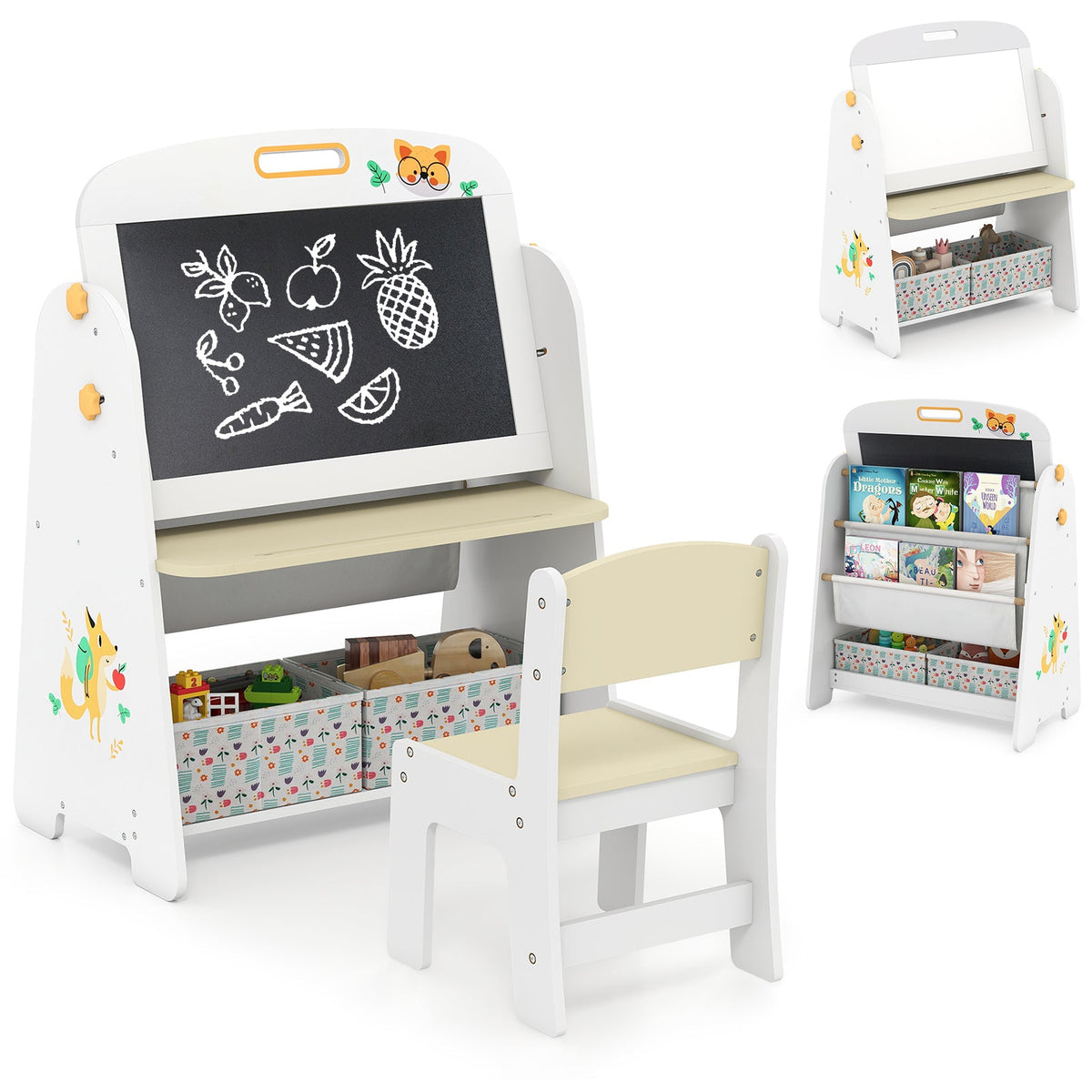 Kids Table and Chair Set, 4-in-1 Art Easel and Bookshelf