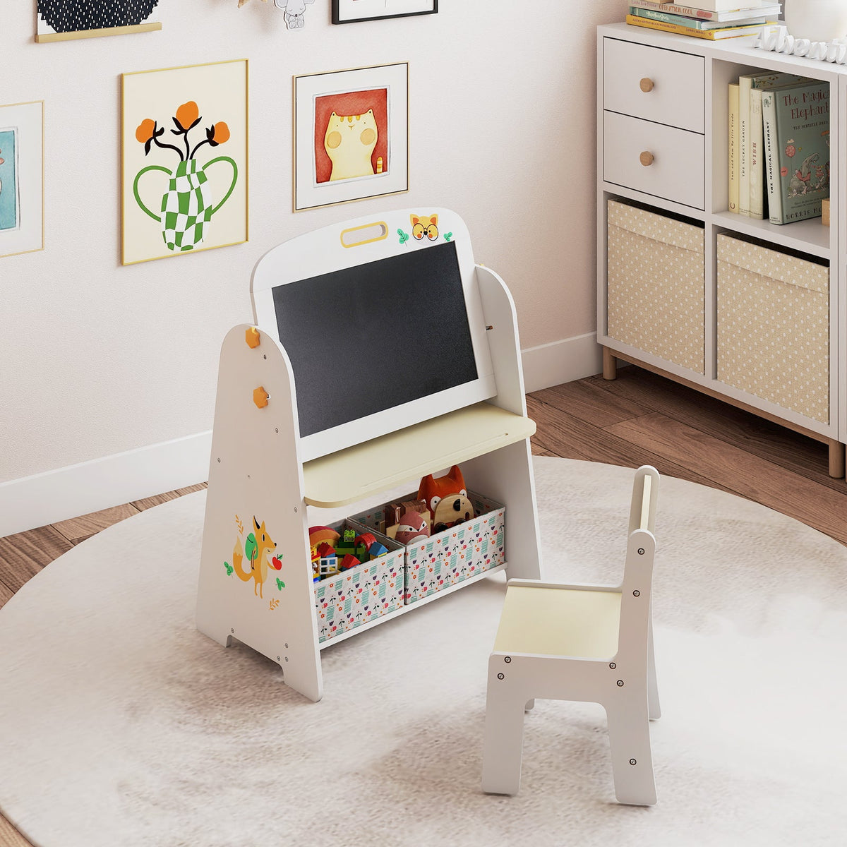 Kids Table and Chair Set, 4-in-1 Art Easel and Bookshelf