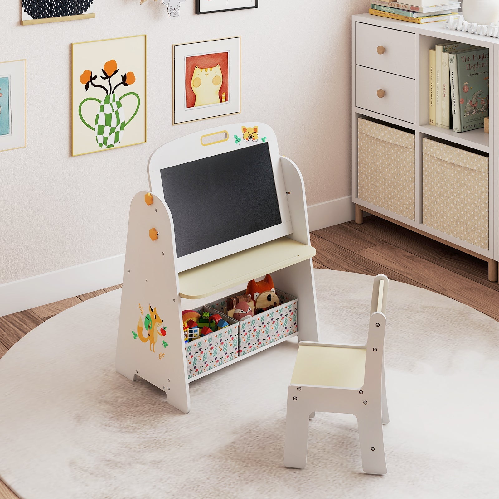 Kids Table and Chair Set, 4-in-1 Art Easel and Bookshelf