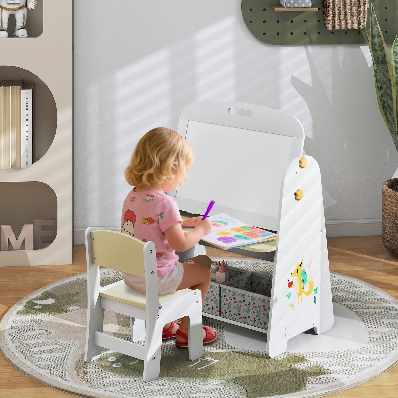 Kids Table and Chair Set, 4-in-1 Art Easel and Bookshelf