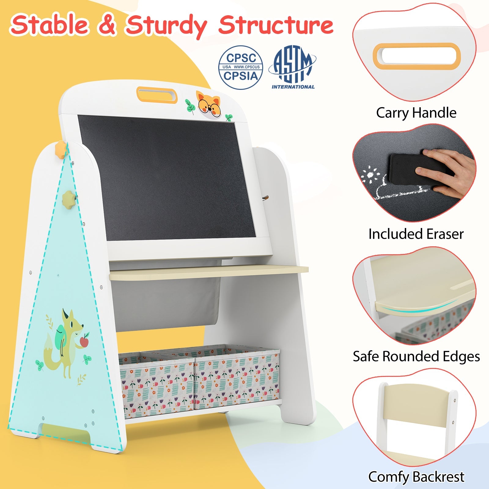 Kids Table and Chair Set, 4-in-1 Art Easel and Bookshelf
