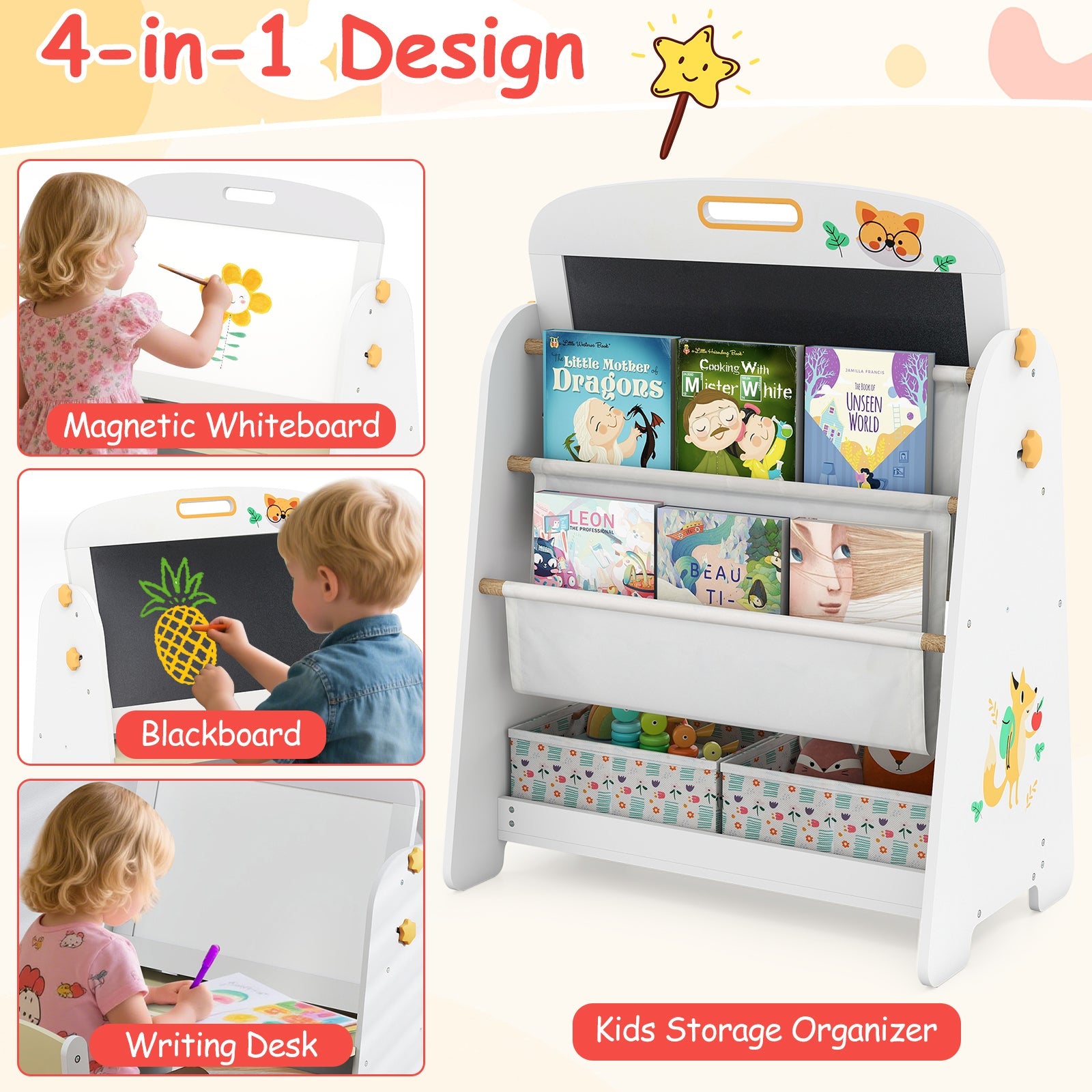 Kids Table and Chair Set, 4-in-1 Art Easel and Bookshelf