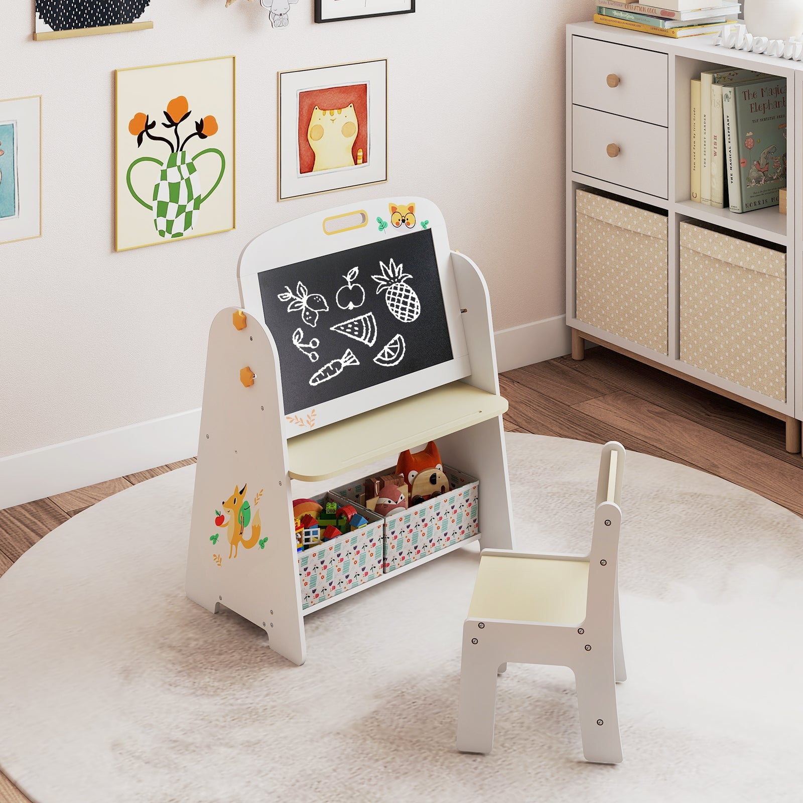 Kids Table and Chair Set, 4-in-1 Art Easel and Bookshelf
