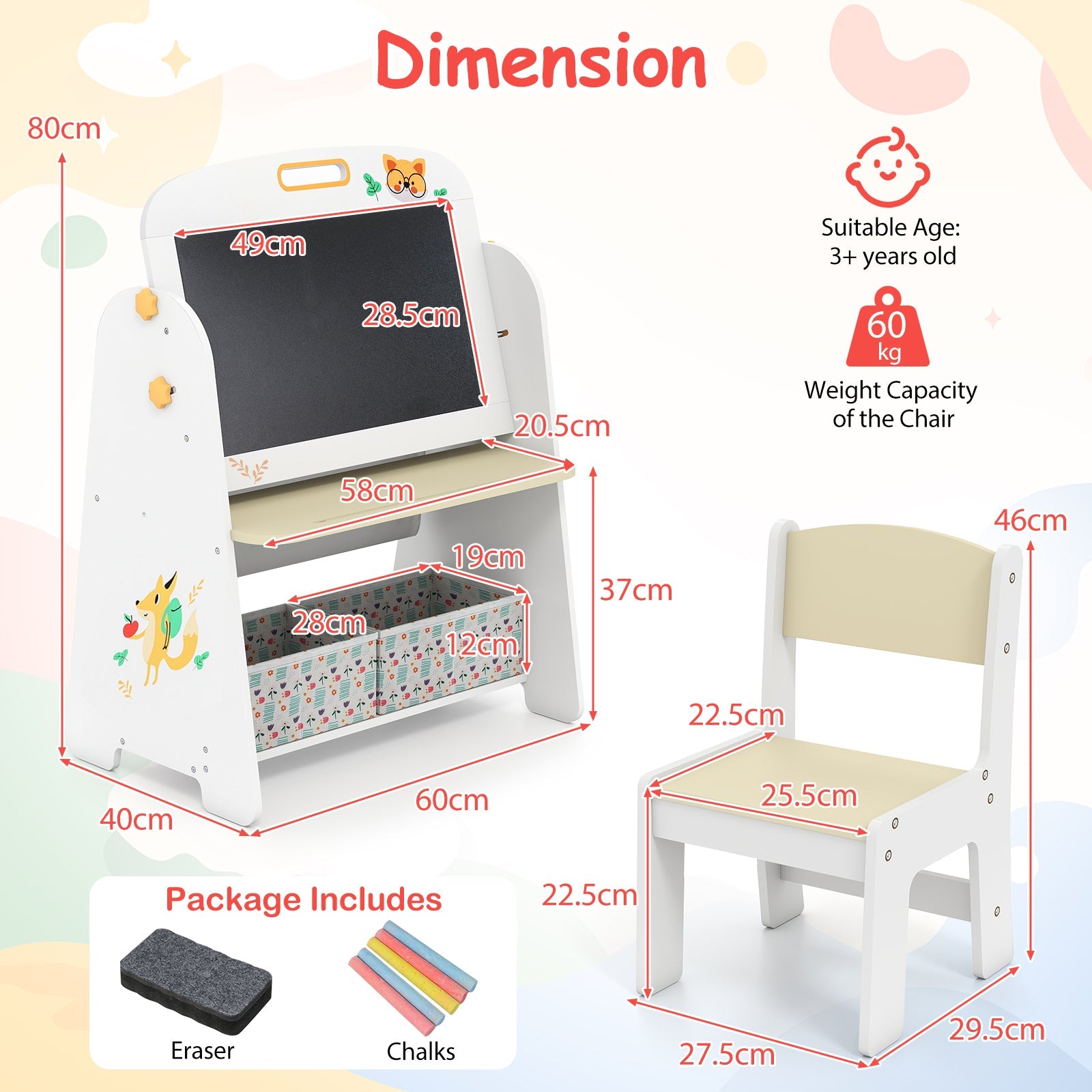 Kids Table and Chair Set, 4-in-1 Art Easel and Bookshelf