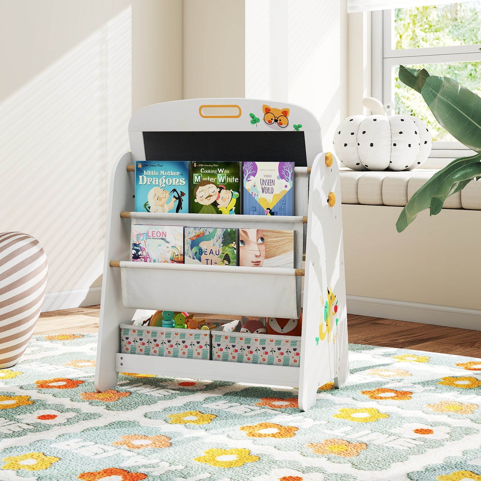 Kids Table and Chair Set, 4-in-1 Art Easel and Bookshelf