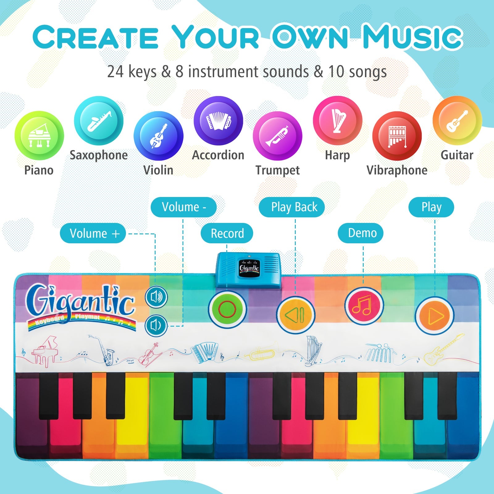 Floor Piano Dance Mat for Kids, Musical Playmat with 8 Instrument Sounds
