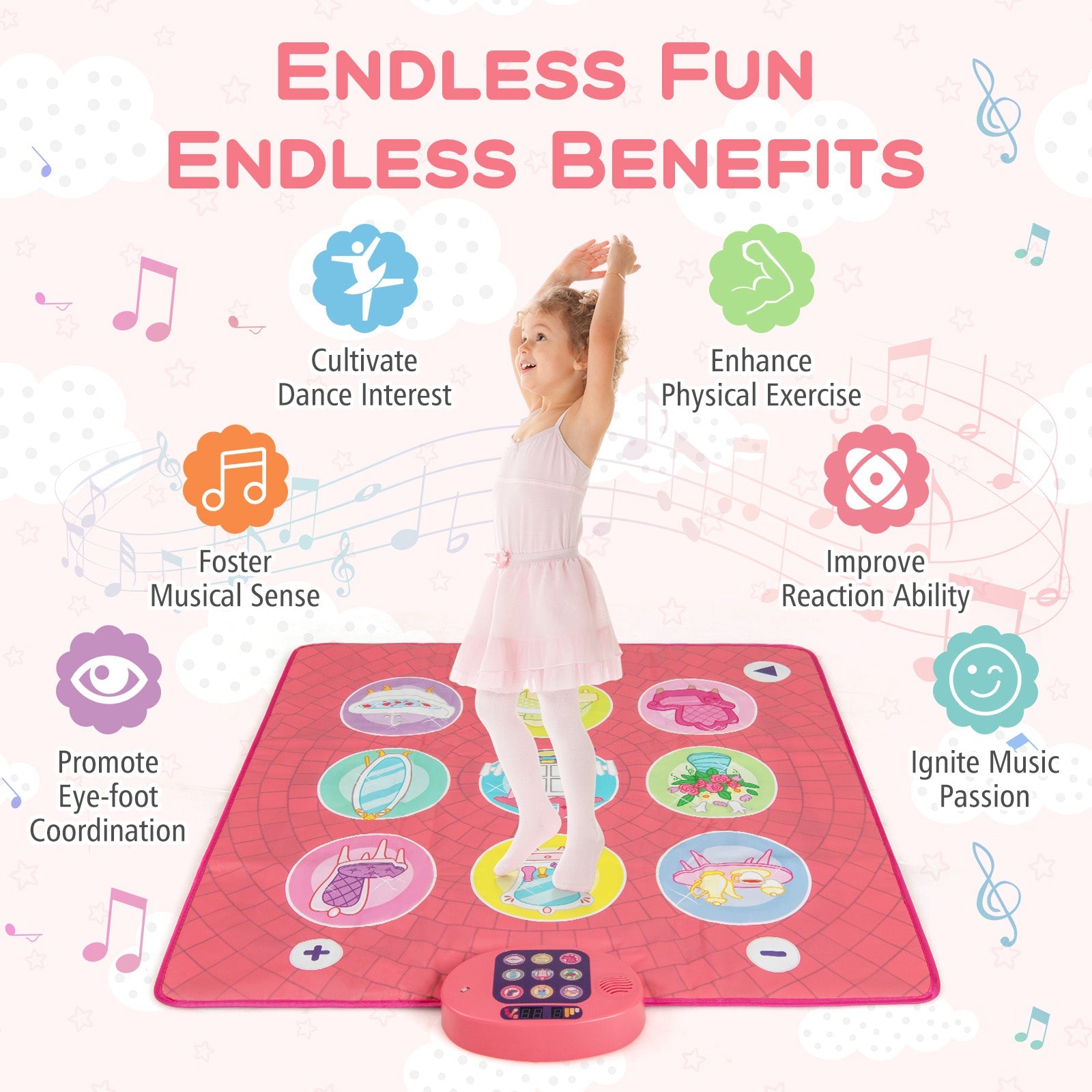 Fun Dance Mat for Kids, Interactive Gift for 3+ Years Old Boys and Girls, Pink