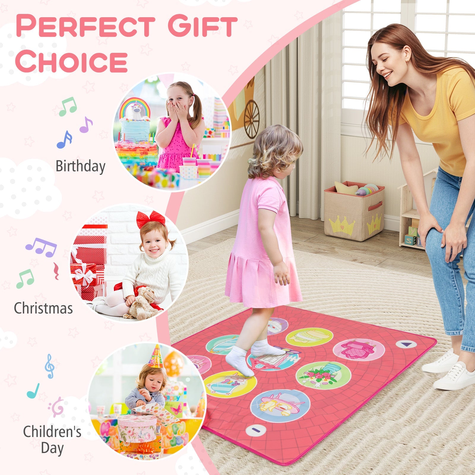 Fun Dance Mat for Kids, Interactive Gift for 3+ Years Old Boys and Girls, Pink