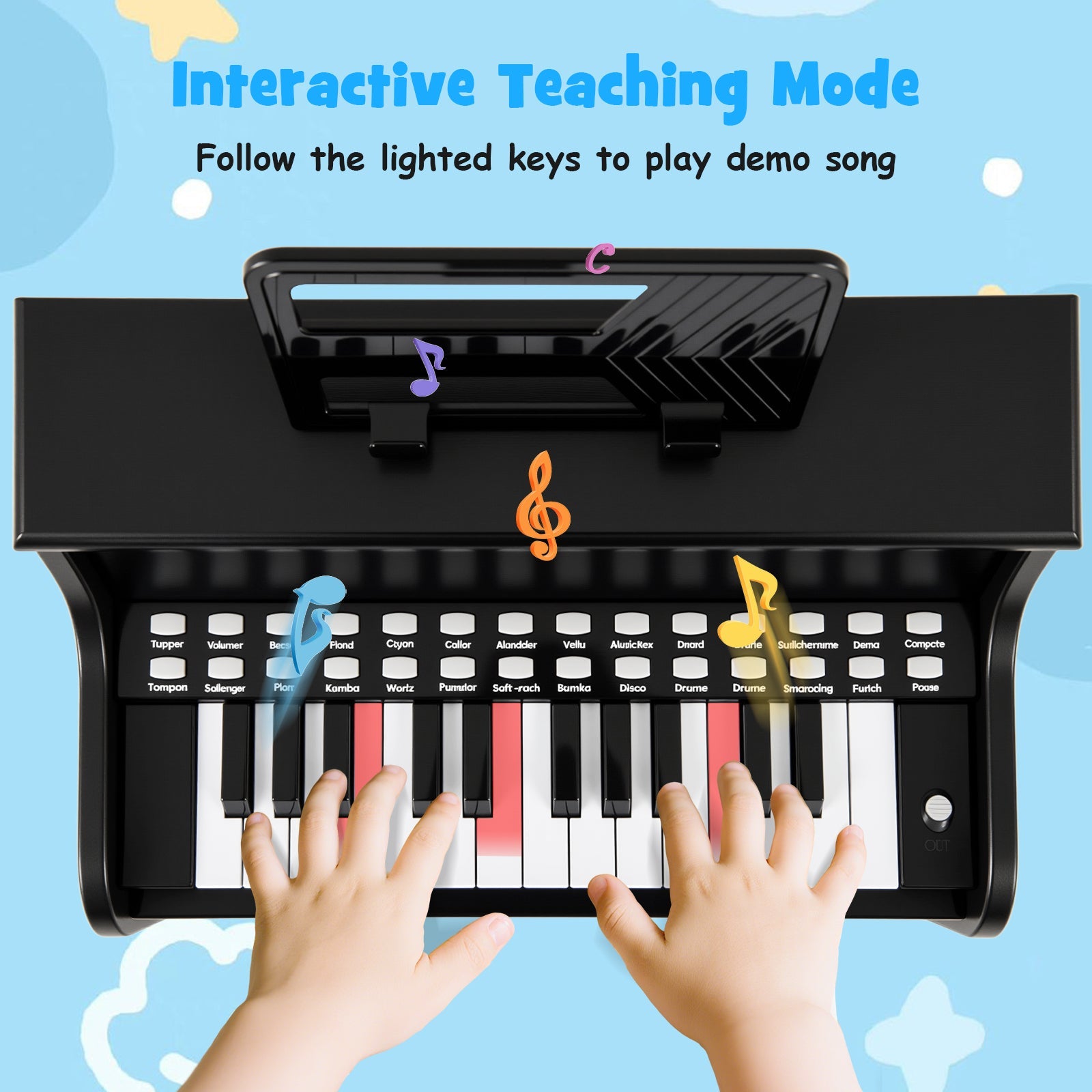 Kids Piano Keyboard with Adjustable Speed & Volume, Teaching Mode, Removable Music Stand