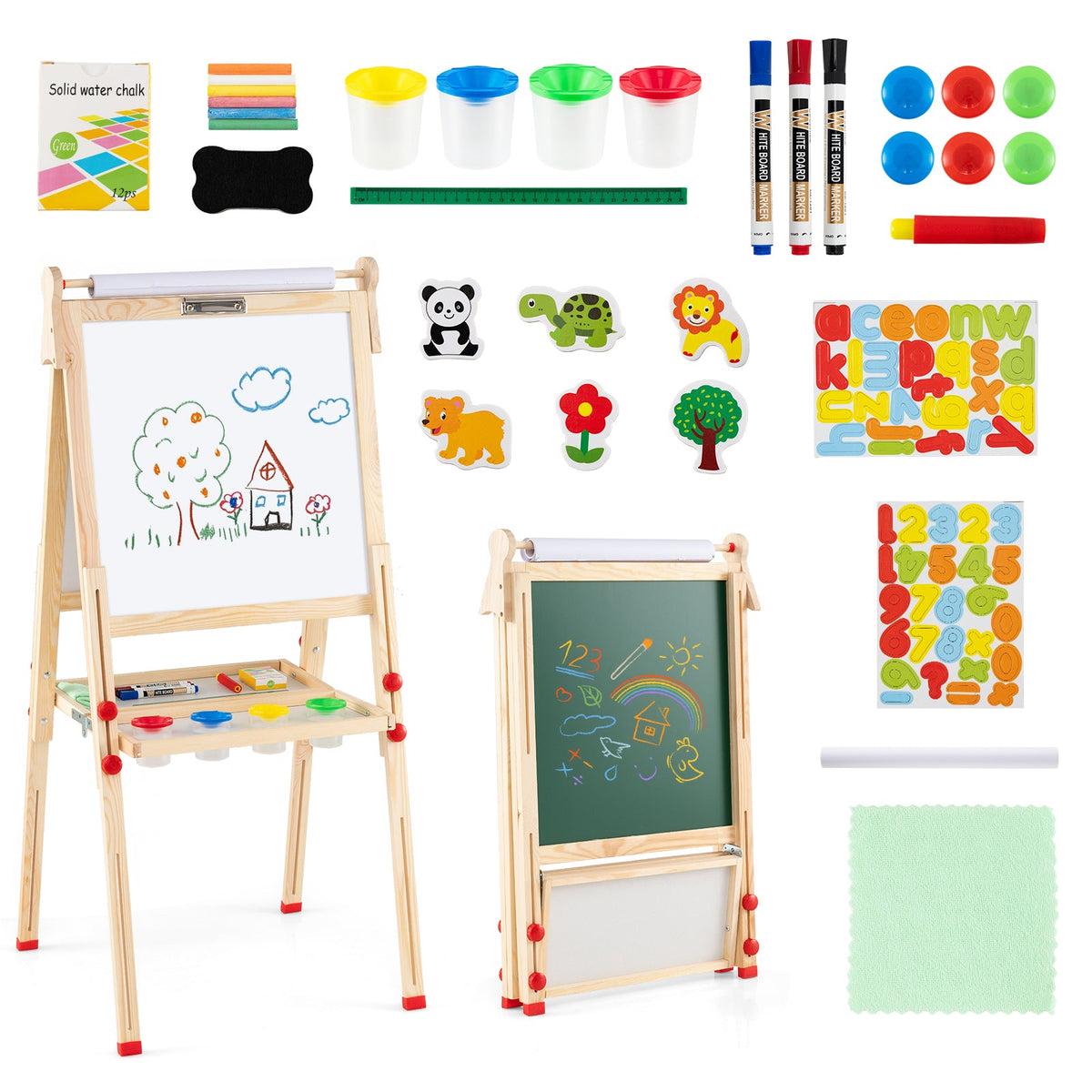BABY JOY Kids Art Easel, Wooden Foldable Double-Sided Chalkboard Whiteboard w/Board Eraser